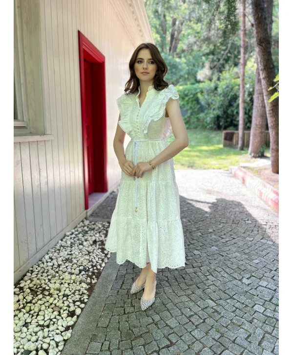 Fisto Kumaş Beyaz Kemer Detaylı Elbise