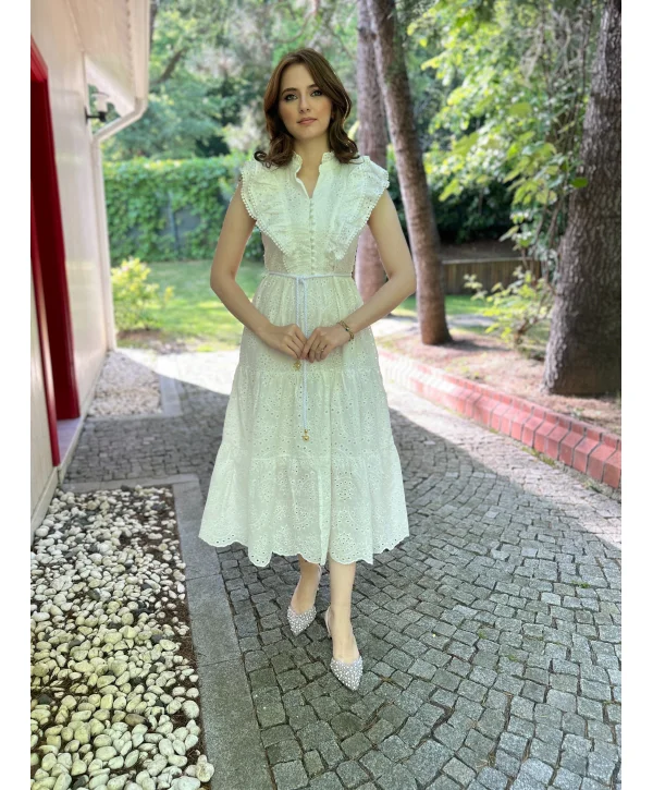 Fisto Kumaş Beyaz Kemer Detaylı Elbise