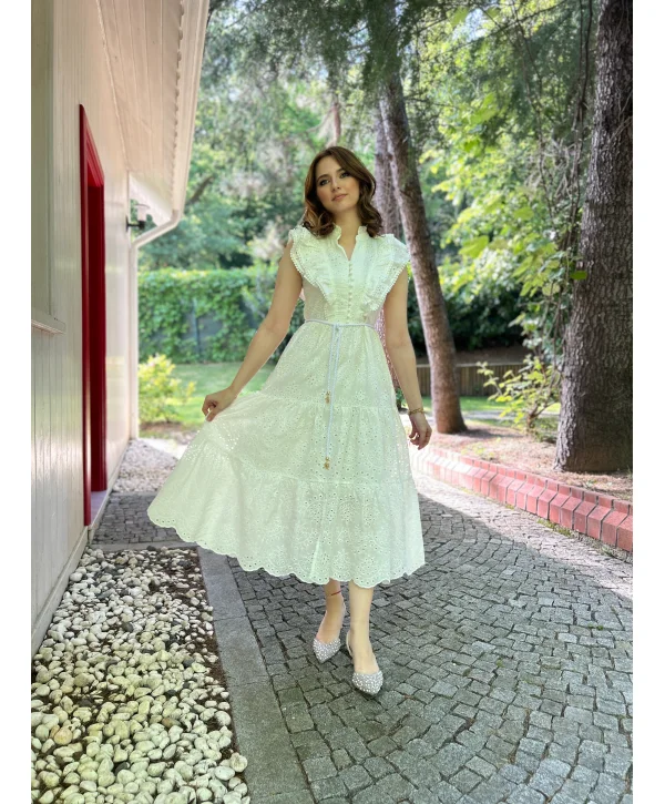 Fisto Kumaş Beyaz Kemer Detaylı Elbise