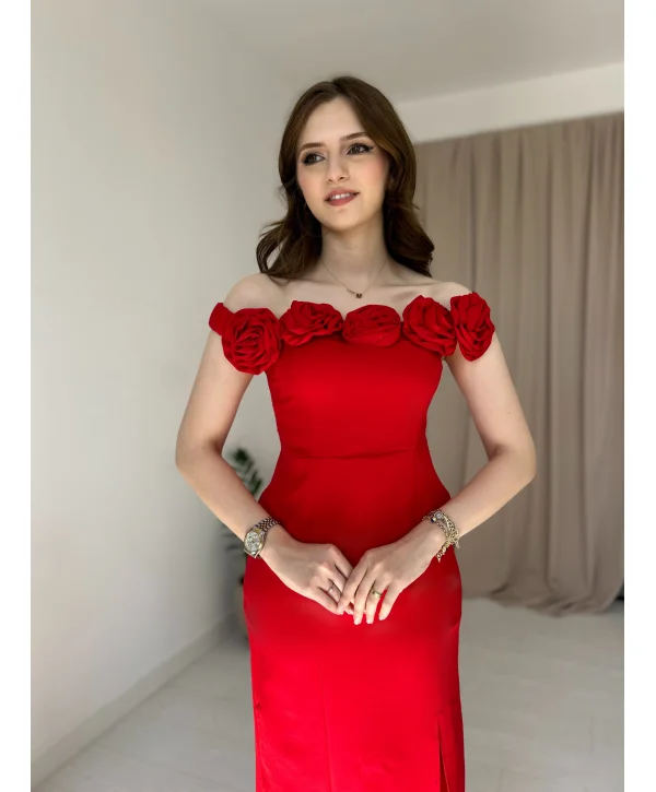 Kırmızı Gül Yaka Detaylı Elbise