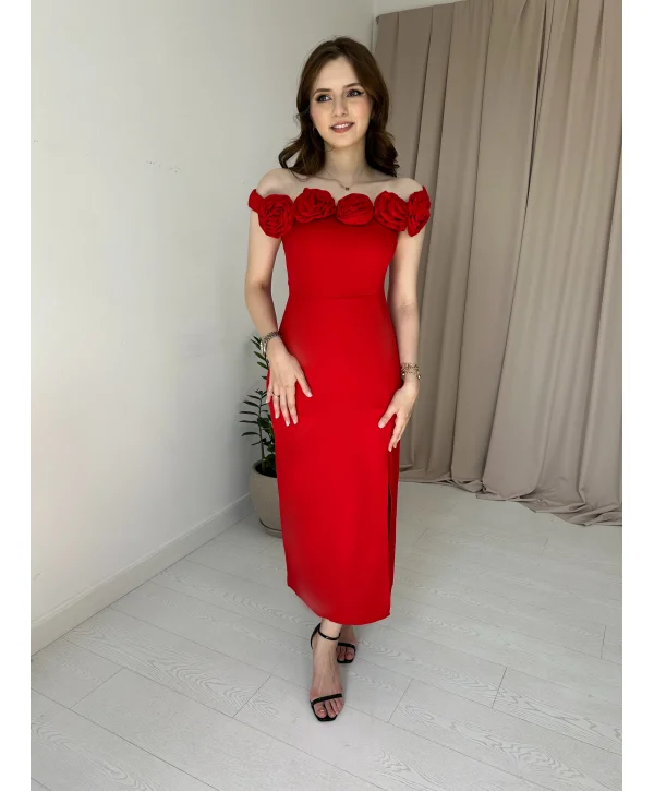 Kırmızı Gül Yaka Detaylı Elbise