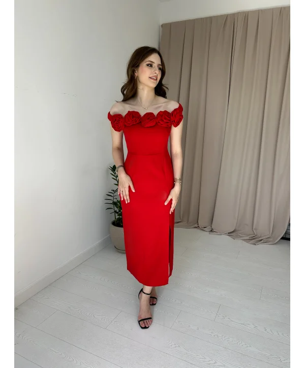 Kırmızı Gül Yaka Detaylı Elbise