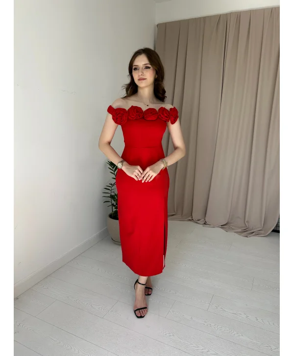 Kırmızı Gül Yaka Detaylı Elbise