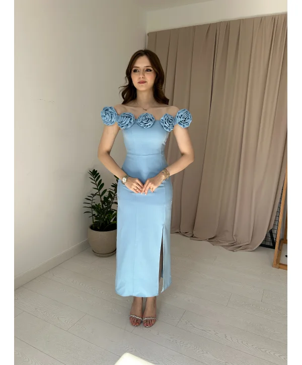 Mavi Gül Yaka Detaylı Elbise