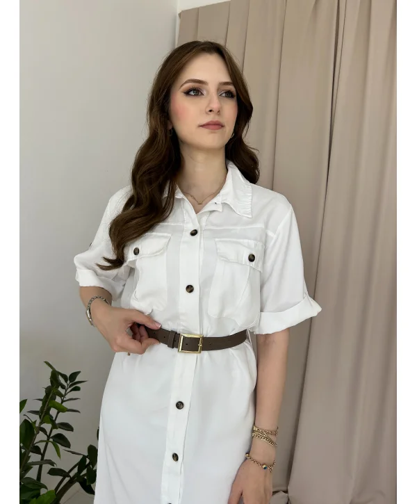 Beyaz Kemerli Gömlek Elbise