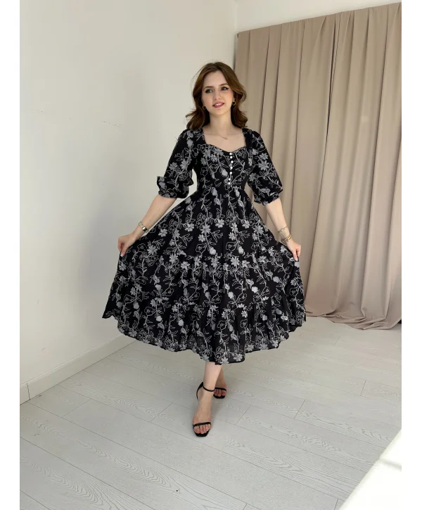Siyah Nakış İşlemeli Brode Elbise