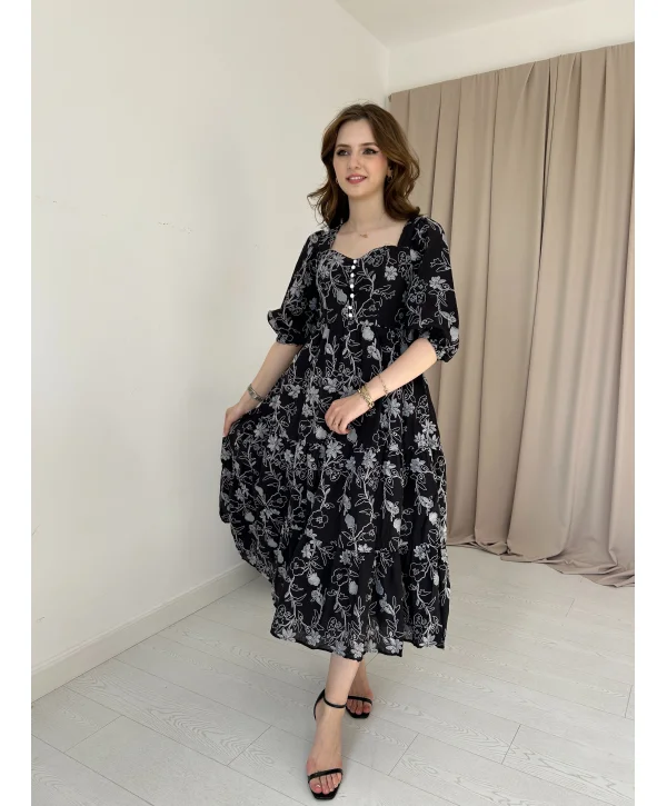 Siyah Nakış İşlemeli Brode Elbise