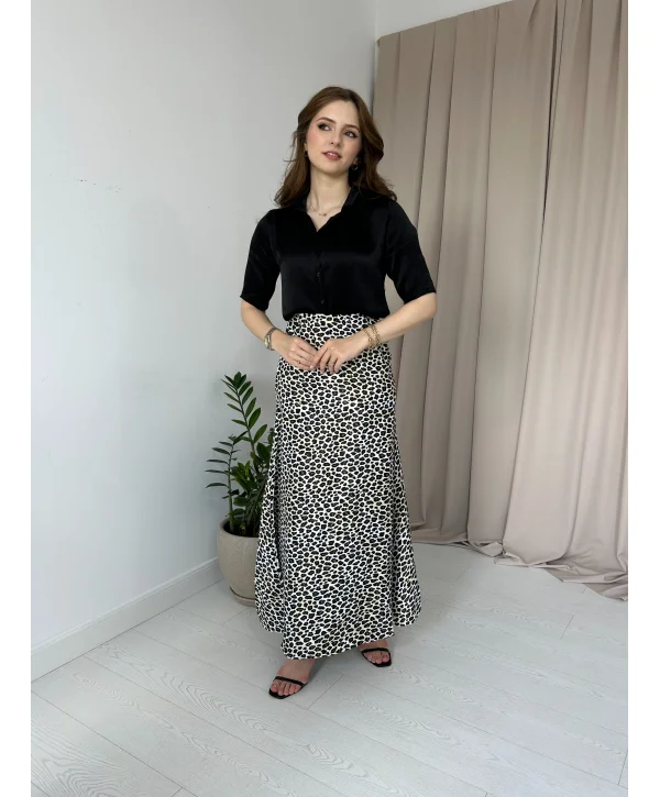 Leopar Desenli Maxi Boy Saten Elbise