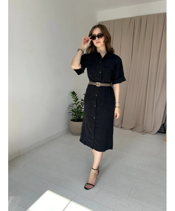 Siyah Kemerli Gömlek Elbise