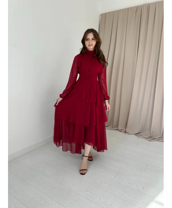 Kat Kat Şifon Bordo Rengi Elbise
