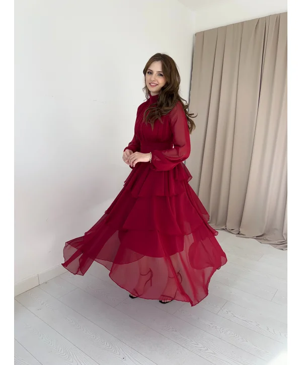 Kat Kat Şifon Bordo Rengi Elbise