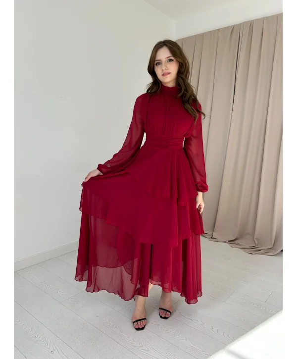 Kat Kat Şifon Bordo Rengi Elbise