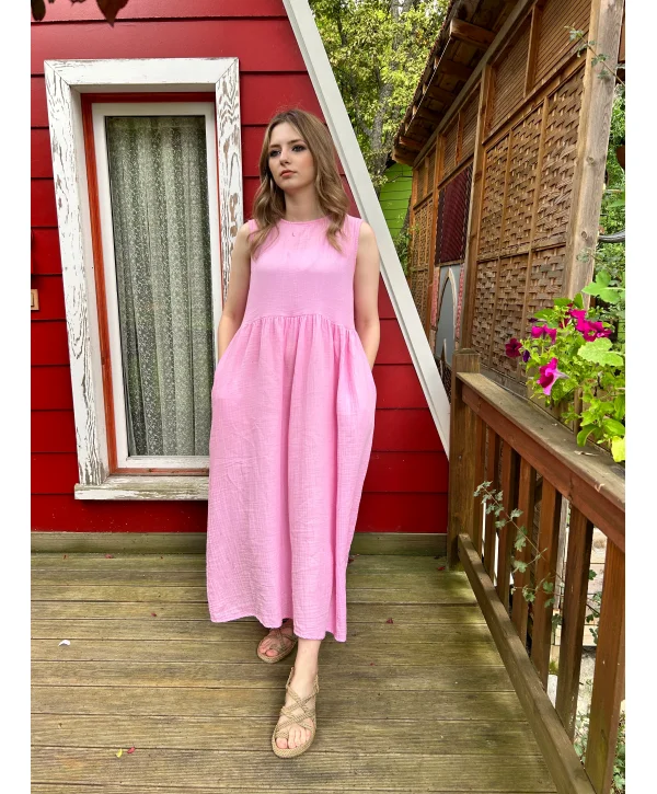 Pembe müslin kumaş maxi boy elbise