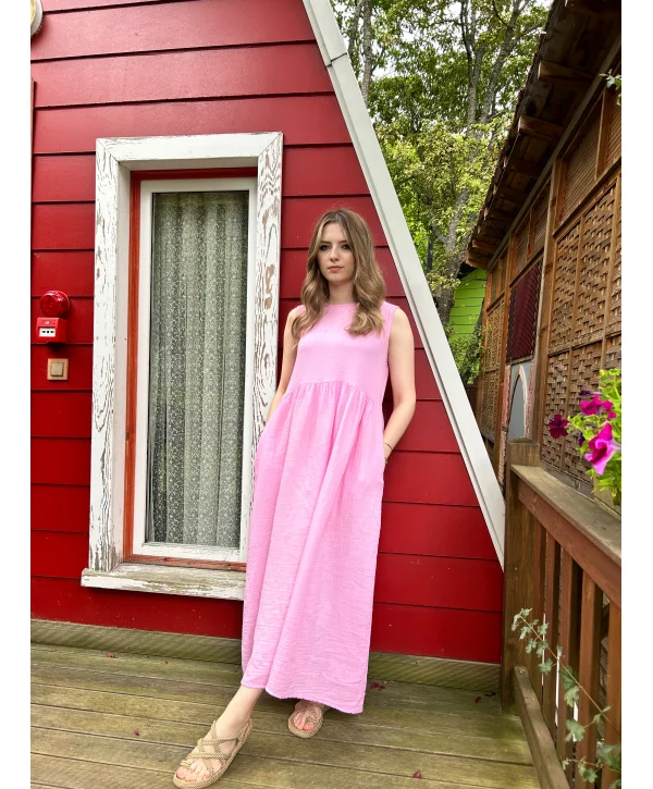Pembe müslin kumaş maxi boy elbise
