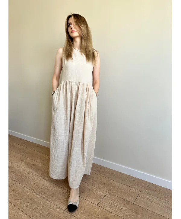 Bej müslin kumaş maxi boy elbise