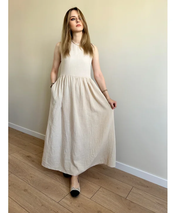 Bej müslin kumaş maxi boy elbise
