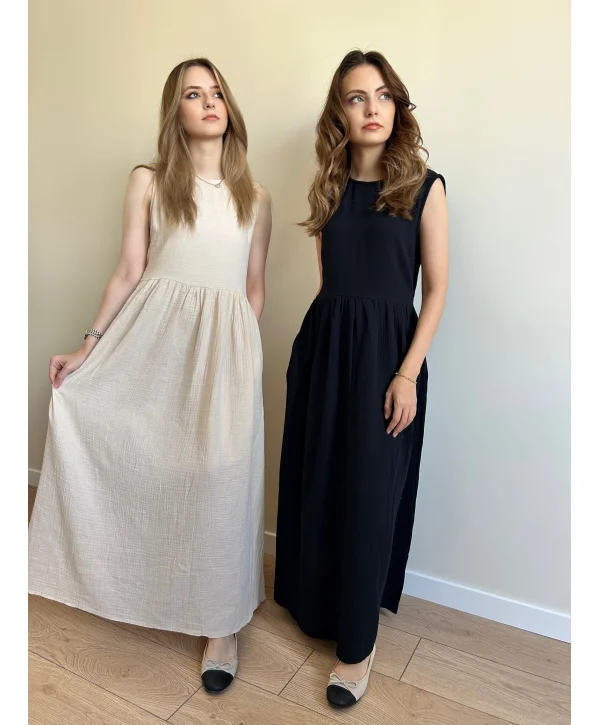 Bej müslin kumaş maxi boy elbise