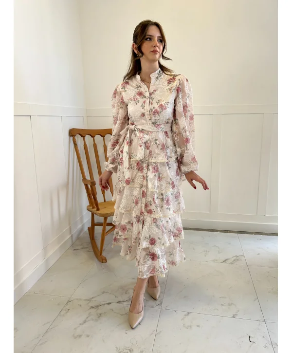 Nakış İşlemeli Pudra Kat Kat Volanlı Elbise