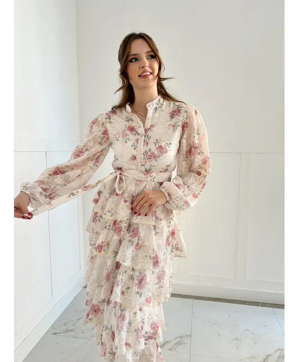 Nakış İşlemeli Pudra Kat Kat Volanlı Elbise