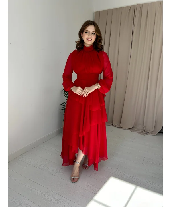 Kat Kat Şifon Kırmızı Elbise