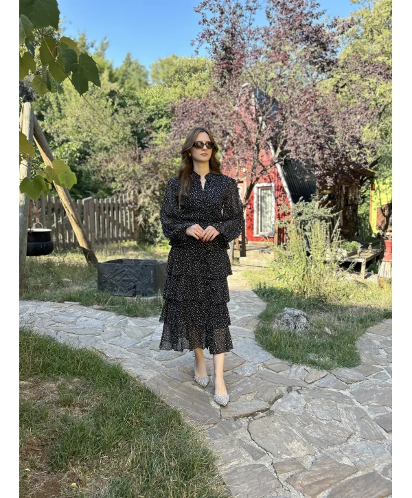 Kat Kat Siyah Beyaz Puantiyeli Şifon Elbise