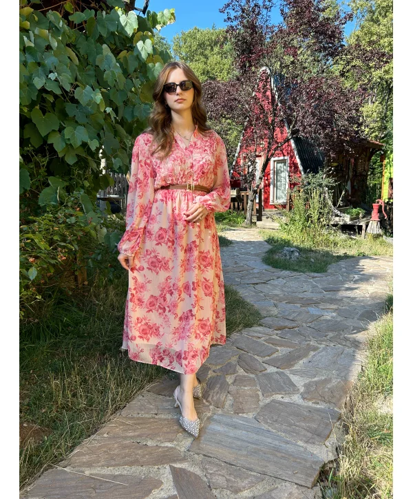 Pembe Çiçekli Kemerli Şifon Elbise