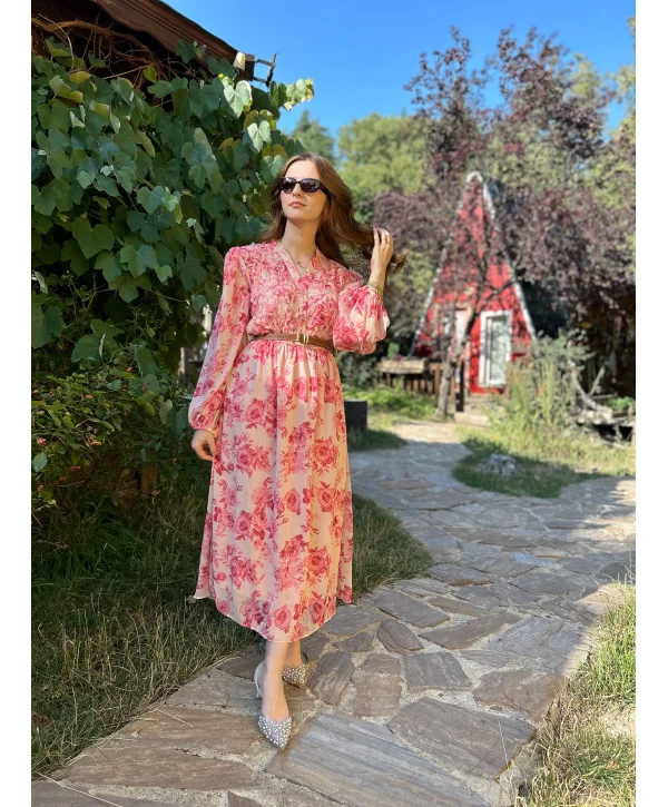 Pembe Çiçekli Kemerli Şifon Elbise