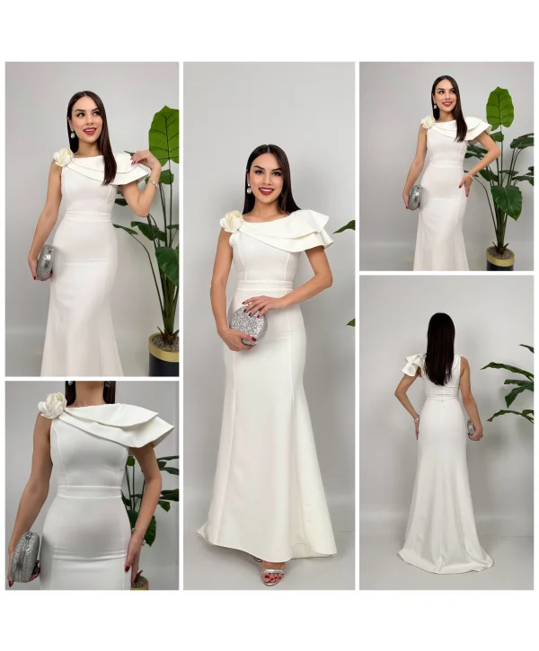 Asimetrik Volan Detaylı BeyazTek Omuzlu Abiye Elbise