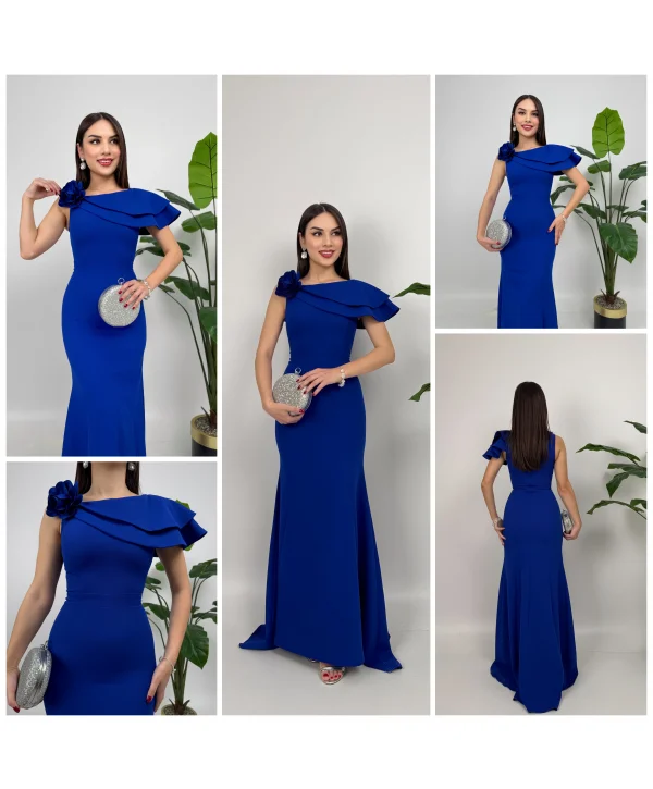 Asimetrik Volan Detaylı Saks Tek Omuzlu Abiye Elbise