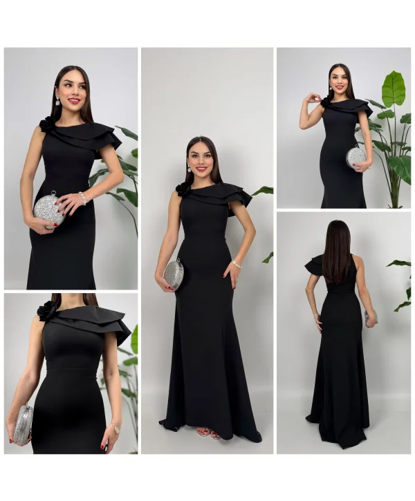 Asimetrik Volan Detaylı Siyah Tek Omuzlu Abiye Elbise
