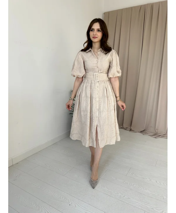 Balon Kol Kemerli Bej Elbise