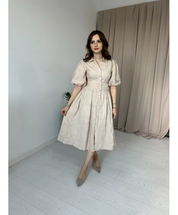 Balon Kol Kemerli Bej Elbise