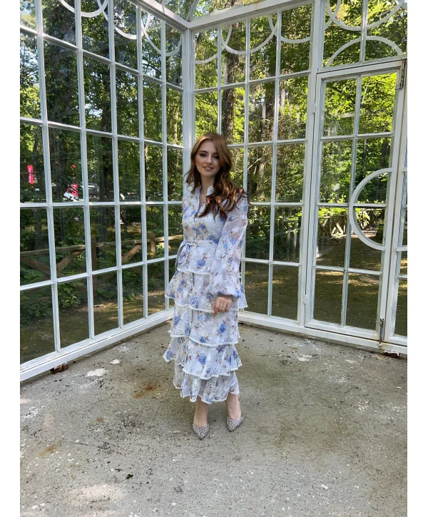 Bebe Mavi Desenli Volanlı Elbise