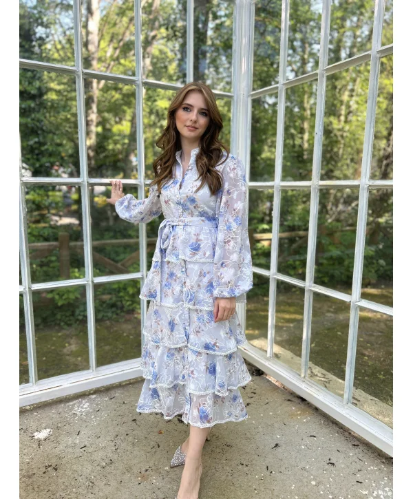 Bebe Mavi Desenli Volanlı Elbise