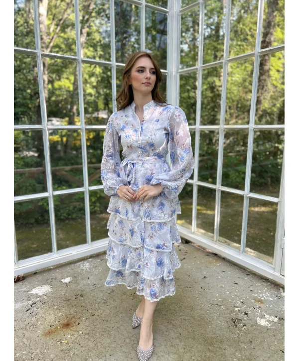 Bebe Mavi Desenli Volanlı Elbise