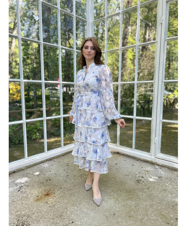 Bebe Mavi Desenli Volanlı Elbise