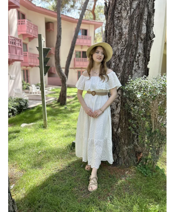 Beyaz Fisto Kemerli Elbise