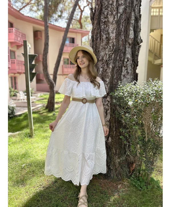 Beyaz Fisto Kemerli Elbise