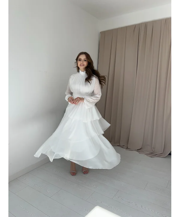 Beyaz Kat Kat Şifon Elbise