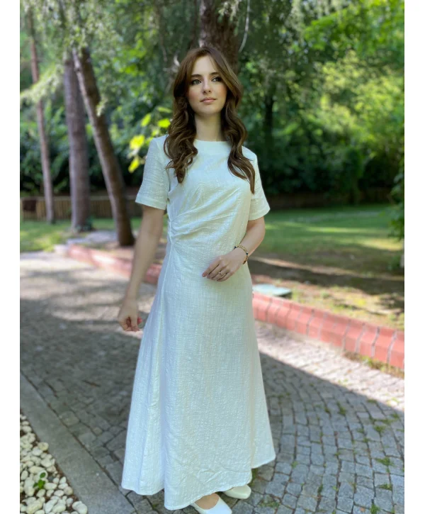 Beyaz Keten Maxi Boy Elbise