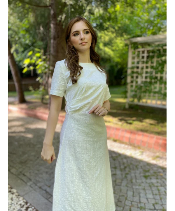 Beyaz Keten Maxi Boy Elbise