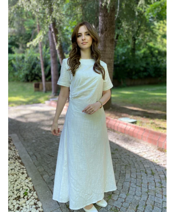 Beyaz Keten Maxi Boy Elbise