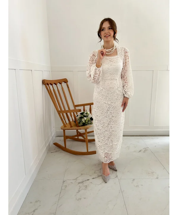 Dantel Maxi Boy Beyaz Elbise