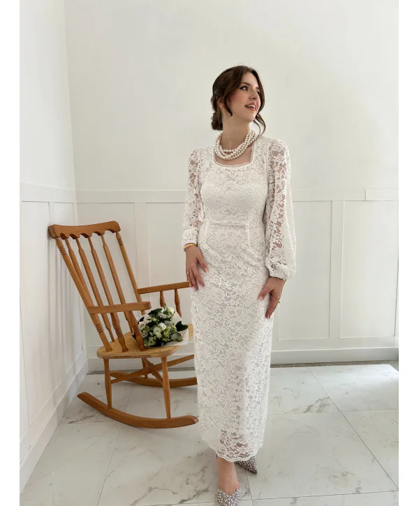 Dantel Maxi Boy Beyaz Elbise