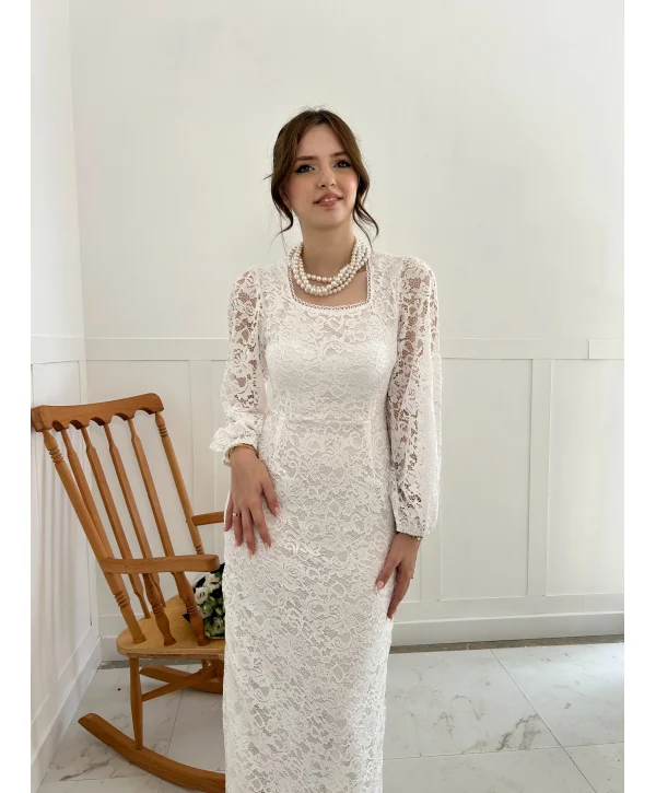 Dantel Maxi Boy Beyaz Elbise