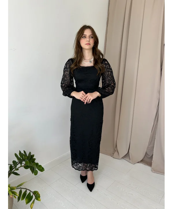 Dantel Maxi Boy Siyah Elbise