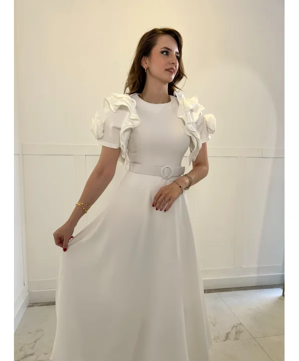 Fırfır Gül Kol Detaylı Beyaz Maxi Boy Elbise