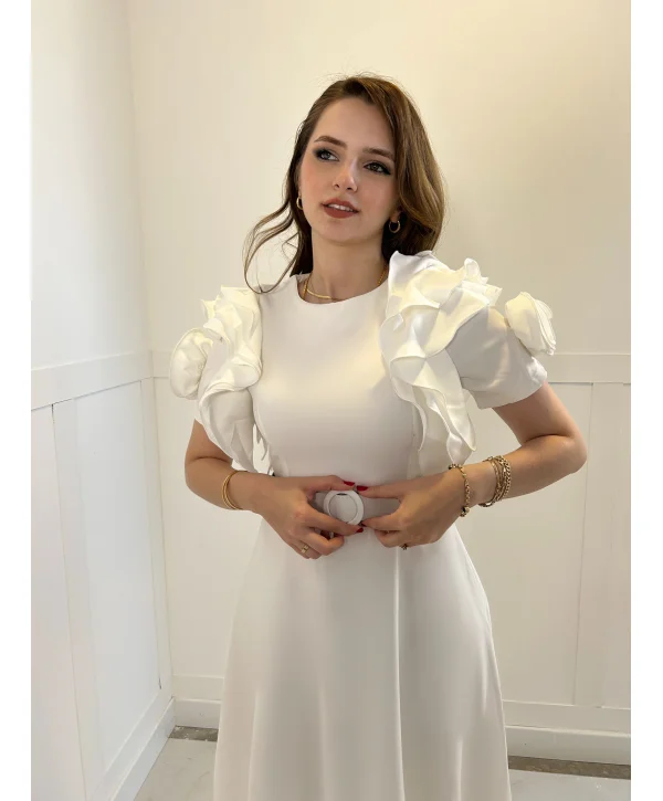 Fırfır Gül Kol Detaylı Beyaz Maxi Boy Elbise