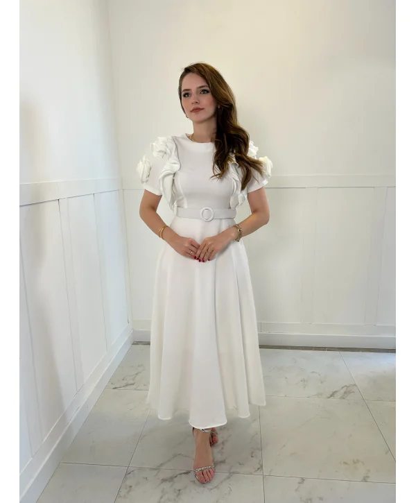 Fırfır Gül Kol Detaylı Beyaz Maxi Boy Elbise