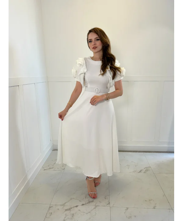 Fırfır Gül Kol Detaylı Beyaz Maxi Boy Elbise